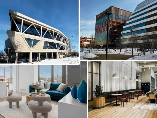 Modern campus collage: Rubenstein Treehouse Conference Center, One Milestone labs, Verra apartment, and co-working space.