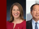 Two professional portraits side by side: a woman in a red top smiling and a man in a suit.