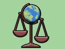 A globe balanced on a pair of scales against a light green background.