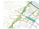 Map showing urban layout with roads, green spaces, and waterways.