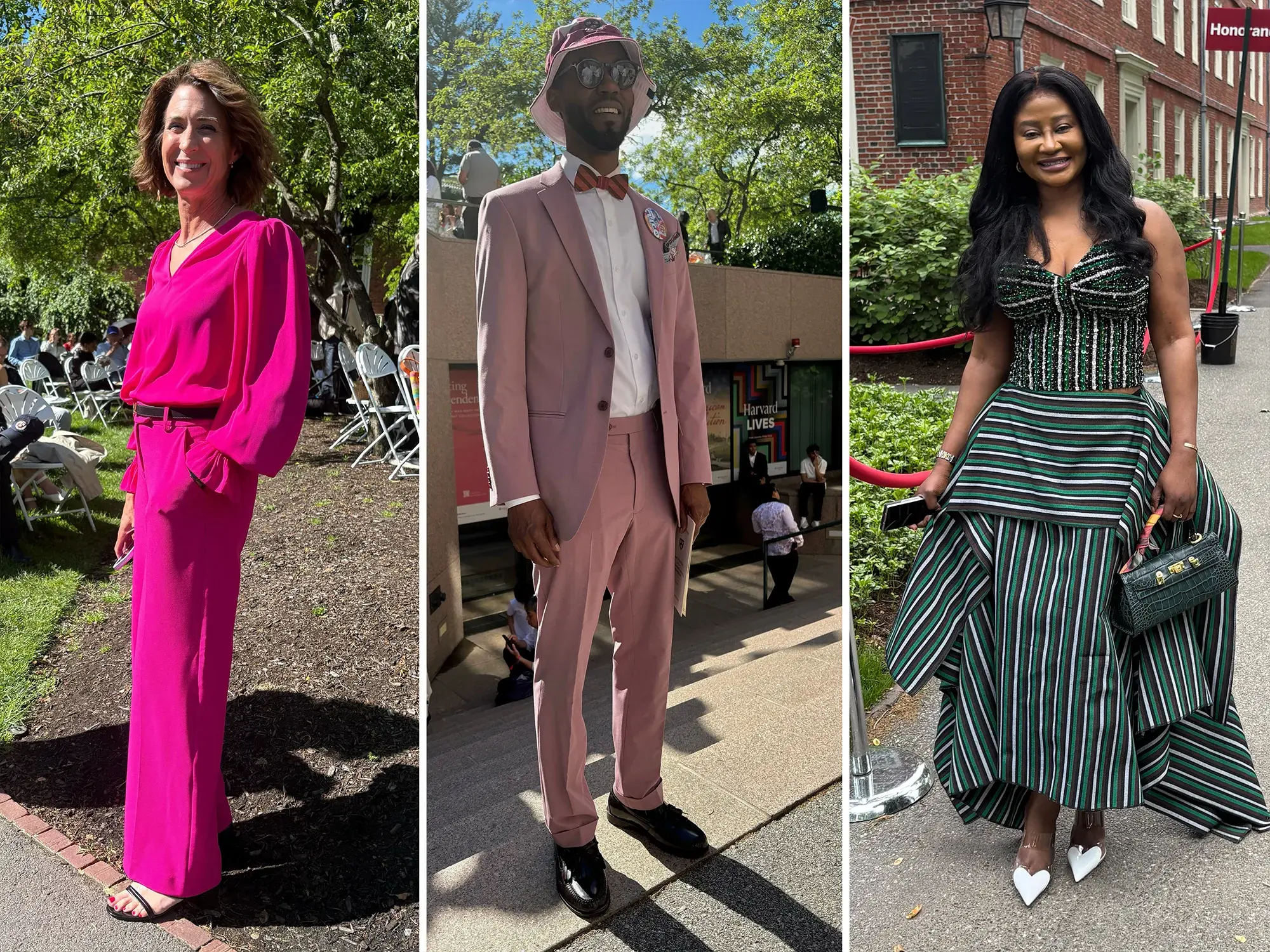 Collage of three people: woman on left wearing matching hot pink blouse and slacks, man in middle wearing pink suit and hat, woman on right wearing striped gown