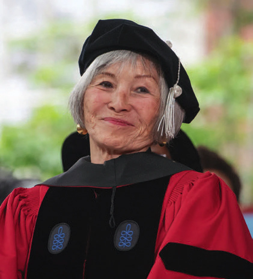 Elaine Kim in red gown and black cap