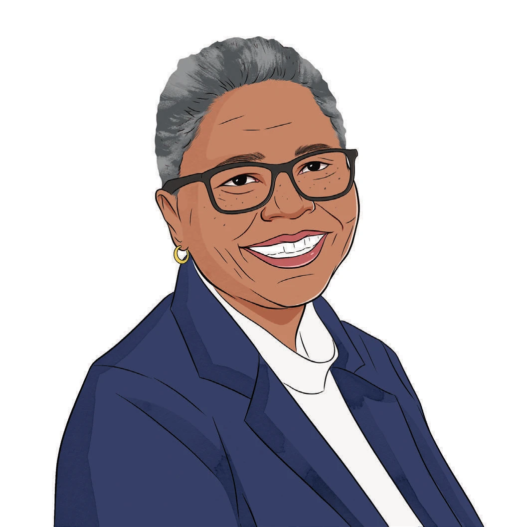 Illustrated portrait of woman with short gray hair, glasses, blue blazer, smiling.