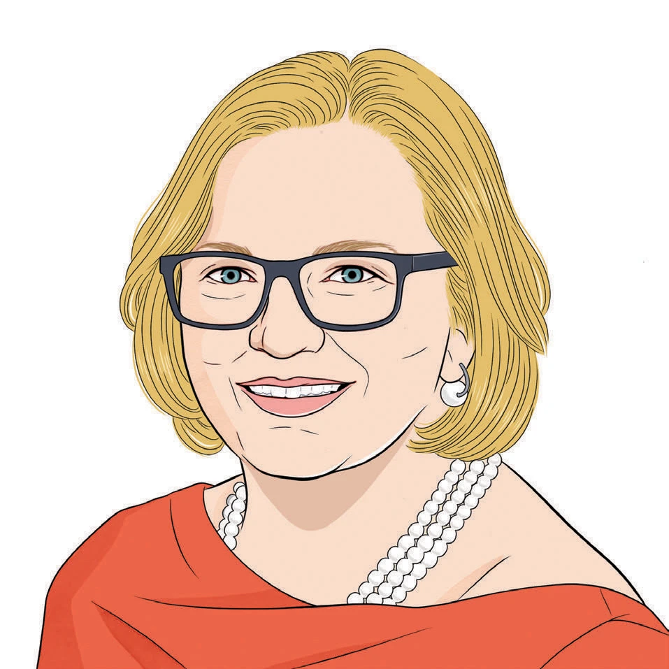 Illustration of a woman with short blonde hair and black glasses wearing a red shirt and pearl necklace