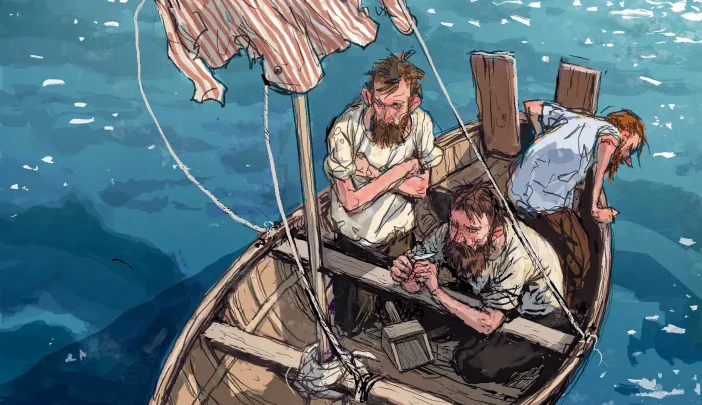 Four men in a small boat struggle with rough water, one lying down and others watching.