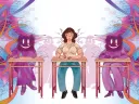 A girl sits at a desk, flanked by colorful, stylized figures, evoking a whimsical, surreal atmosphere.