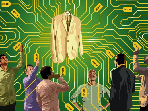 illustration in which six consumers are presented by an AI-driven algorithm with different prices for the same product, a jacket