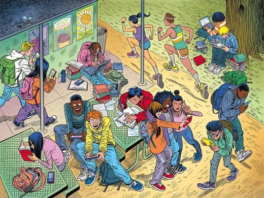 Comic illustration of hyperactive, pressured teens, many on their screens