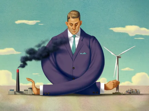 Man in suit blocking smokestack with one hand, holding wind turbine with the other