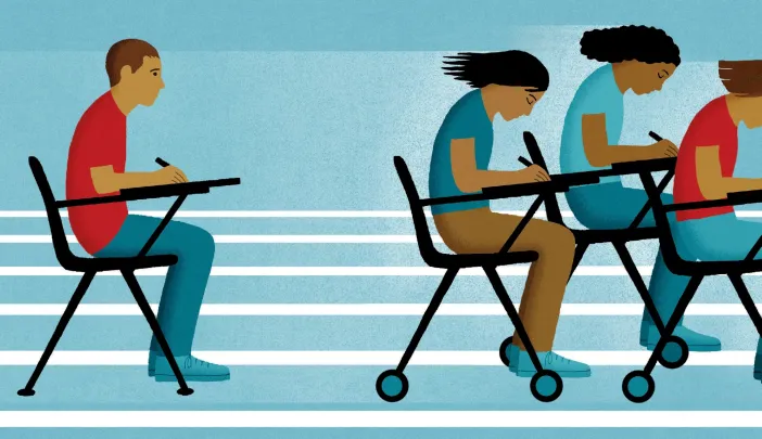 Students writing at desks on wheels, racing ahead of a stationary student at a fixed desk