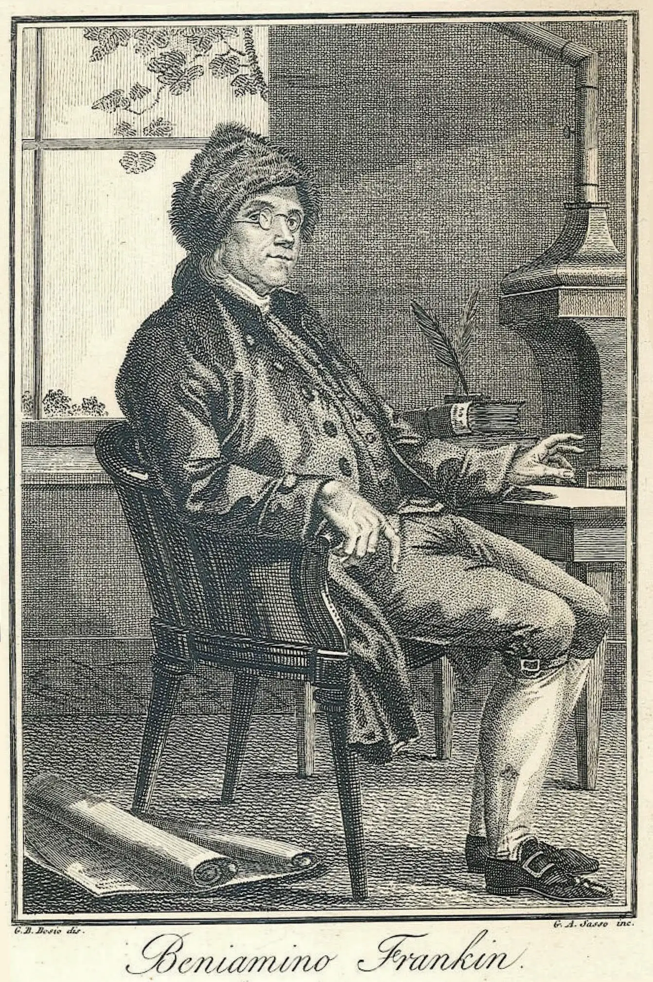 Etching of Benjamin Franklin seated by his stove in fur cap, with quill and papers nearby