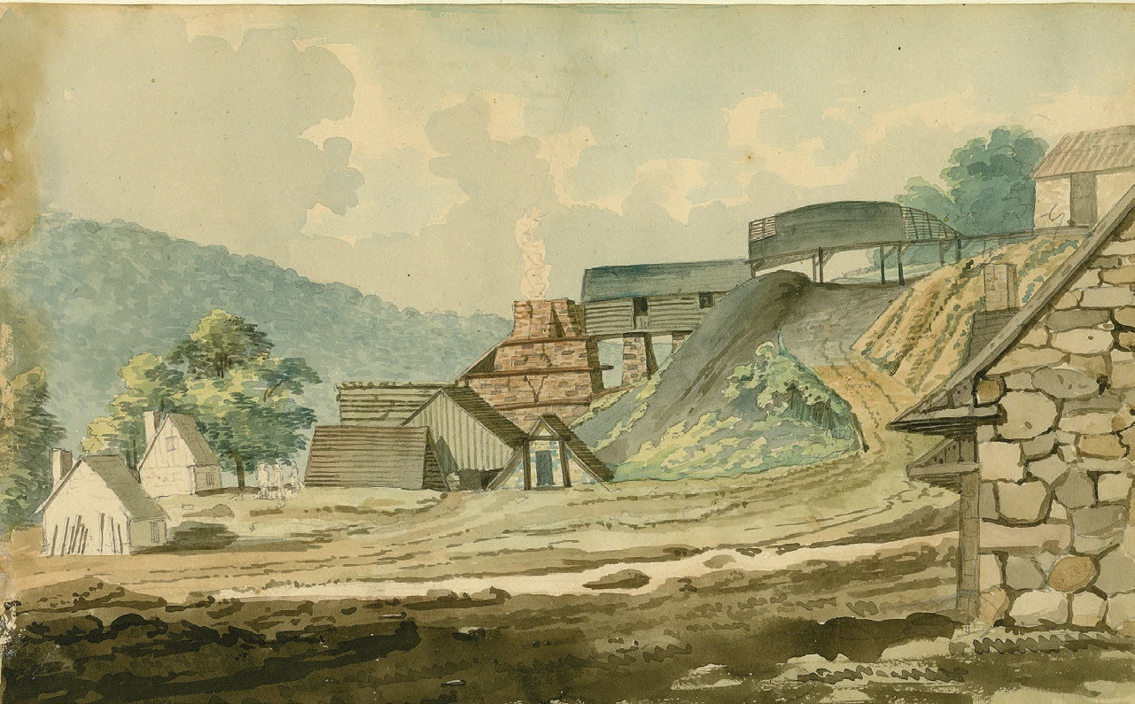Watercolor of 1803 iron furnace complex with stone buildings, smokestack, and hilly landscape