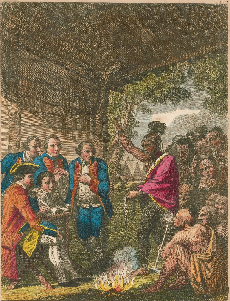 Colonial officials and Indigenous leaders gathered at a council fire under a thatched shelter