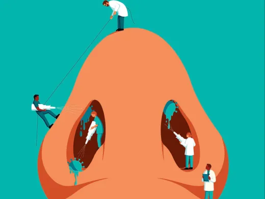 Illustration of tiny doctors working inside a large nose against a turquoise background.