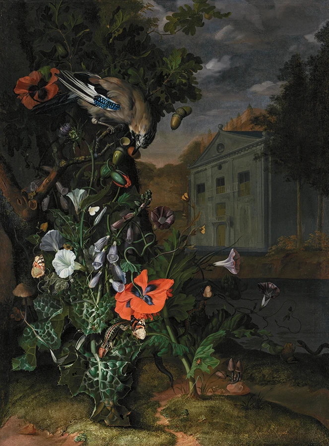 Painting depicting a vibrant composition of flowers, a bird, and butterflies with a distant manor under a moody sky.