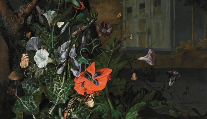 A vibrant composition of flowers, a bird, and butterflies with a distant manor under a moody sky.