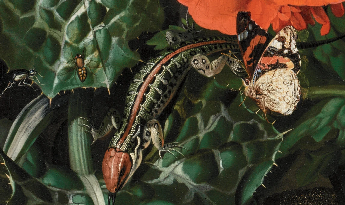 Detail from a painting showing a lizard crawling near a butterfly on leaves with insects and a red flower overhead.
