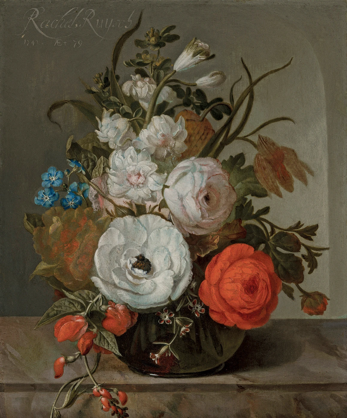 Painting of a small floral arrangement in a black vase featuring roses, ranunculus, and blue blossoms.