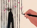 A silhouette of a person behind bars, with a hand drawing a bar and colorful splashes.