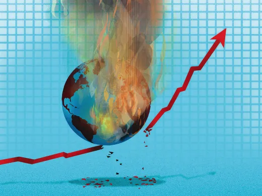  An illustration of a burning Earth breaking a rising red line graph, symbolizing the impact of climate change.