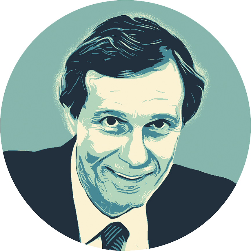 Stylized vector portrait of Neil Rudenstine  in shades of teal within a circular frame.