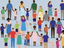 A diverse group of adults and children holding hands, standing on varying levels against a light blue background.