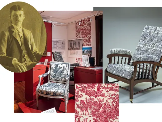 A collage featuring, from left: a young Ogden Codman Jr. in a sepia-toned portrait; items from the Codman Estate displayed in a museum; a close-up of a chair reflecting the English Arts and Crafts movement style; and a sample of the “Brother Rabbit” textile pattern, popular between 1882-90.