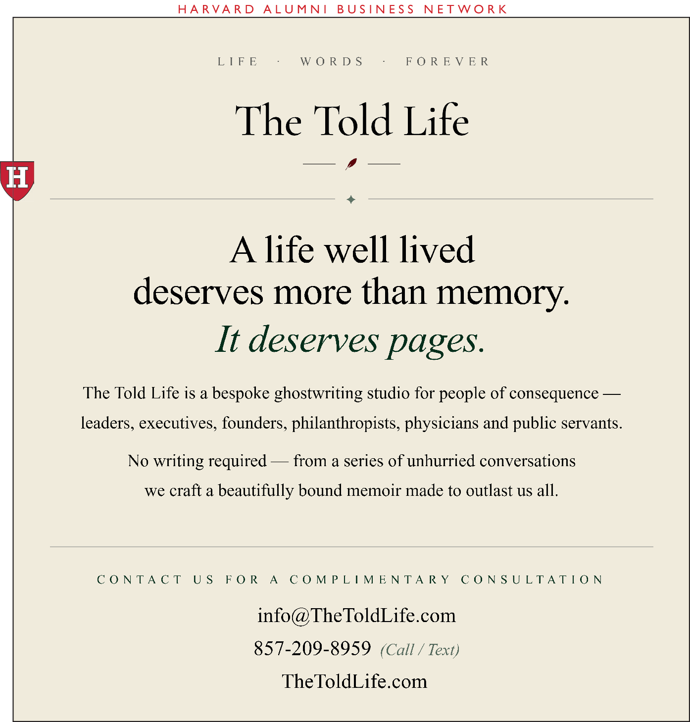 Life storytelling service advertisement with text about preserving memories.