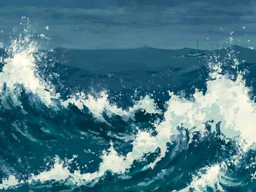 Rough ocean waves crashing against each other under a stormy sky.